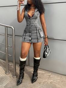 StreetHx Đầm denim nữ dáng ôm, co giãn, tiện dụng, phong cách đường phố thường ngày, gợi cảm. - Xám - Xem 7