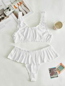 Lowkey Lull 2pcs Lace Trim Frill Trim Bralette & Panty Set, Casual Comfortable Chic Plus Size Lingerie - White - View 2