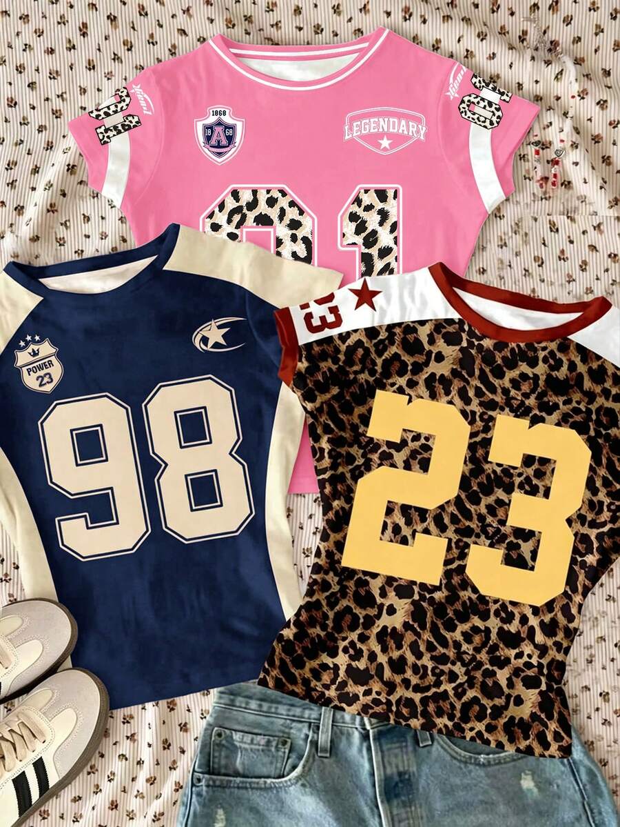 三件套撞色拼接，Blokecore风格，90年代复古街头运动衫款式，豹纹印花，数字字母图案，修身版型，压缩面料，Blokette，少女休闲简约短款修身圆领短袖高腰常规T恤，适合春夏日常穿着，POV，新款 - 白色 - 查看 1