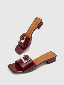 CUCCOO BIZCHIC Light Luxury Metal Buckle Square Slippers, Thick Heels Are Not Tired, And Sandals Are Worn Outside In Summer. Summer Shoes - Burgundy - View 6