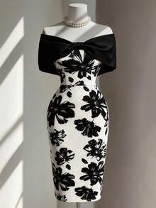 Off Shoulder Bow Contrast Color Waist Fitted Floral Print Fabric Elegant Romantic Minimalist Women Dress - Black and White - View 1