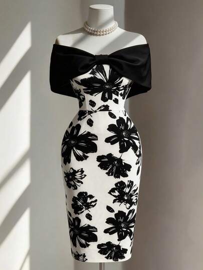 Endroma Off Shoulder Bow Contrast Color Waist Fitted Floral Print Fabric Elegant Romantic Minimalist Women Dress