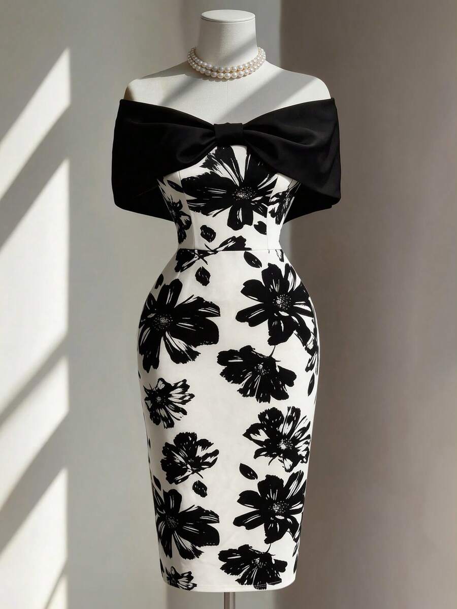 Off Shoulder Bow Contrast Color Waist Fitted Floral Print Fabric Elegant Romantic Minimalist Women Dress - Black and White - View 1