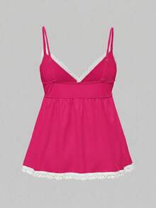 ROMWE Ribbed Lace Camisole And Shorts Casual Pajama Set - Hot Pink - View 5