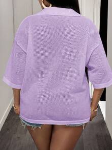 Slaydiva Loose Fit Solid Color V-Neck Drop Shoulder Hollow Out Knit Casual Blouse For Plus Size Women, Spring/Summer - Mauve Purple - View 2