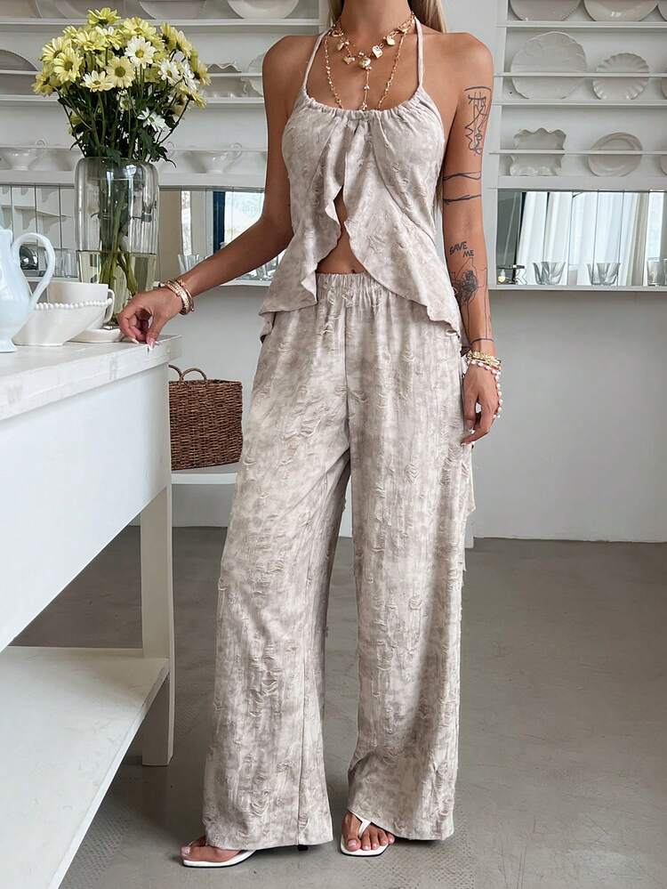 Women's Tie-Dye Ruffle Hem Camisole & Distressed Wide Leg Pants 2 Pieces Set