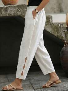 EMERY ROSE Summer Loose Elastic Waist Slant Pocket Hollow Casual Pants - White - View 1
