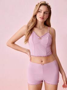 Bộ đồ ngủ/Pjama/Áo ba lỗ viền rau diếp và quần short Bộ đồ ngủ - Bụi hồng - Xem 4