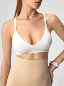 Loungeista 白色女用壓力式Bralette，露背休閒設計，V領Bralette，T恤式Bralette，加墊Bralette，女用Bralettes，白色V領內衣，適合夏季 - 白色 - 查看 6
