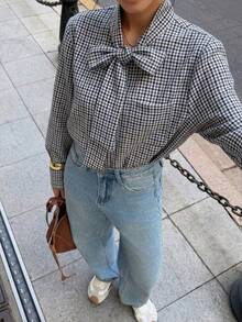 Elyressa Women's Casual Plaid Tie Collar Blouse, Spring/Autumn - Blue and White - View 3