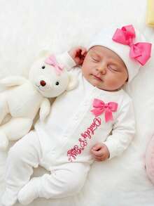 SHEIN 两件套新生儿回家服女宝宝摄影连体衣刺绣连身裤配蝴蝶结帽 - 白色 - 查看 4