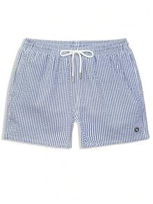 Manfinity Swimmode Men's Summer Beach Vacation Striped Print Drawstring Waist Slant Pocket Beach Shorts, Holiday - Royal Blue - View 7