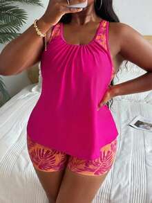 Swim Lushoire Plus Size Women Patchwork Ruched Tankini Top And Shorts Swimwear Set, Suitable For Summer Vacation - Coral Orange - View 4