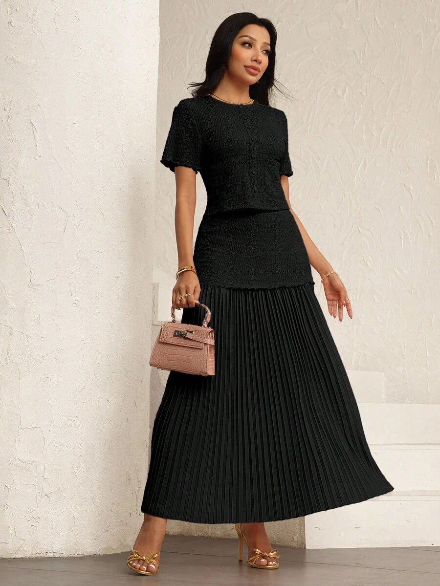 Modelyn Women's Elegant Pink Textured Short Sleeve Jacket & Pleated Skirt 2 Pieces Set - Black - View 1