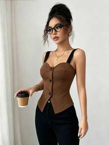Elenzga Nuevo diseño de alta gama para el verano, elegante y con estilo, cárdigan casual y sexy con botones, chaleco ajustado a la cintura para mujeres - Marrón - Ver 2