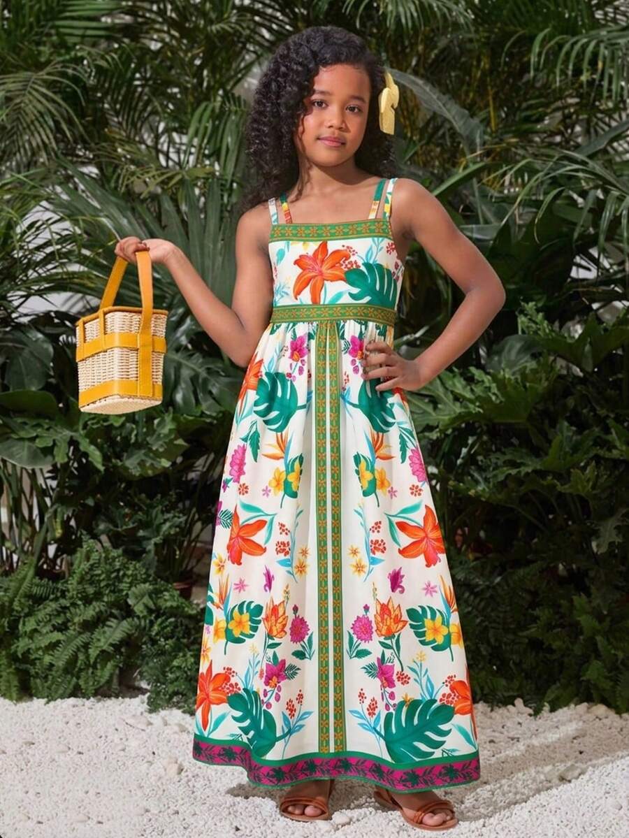 Emery Rose Kids Vestido casual de vacaciones sin mangas con estampado tropical para niña - Verde - Ver 1
