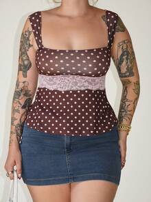 Arliah 2025 Nueva Moda Otoño/Invierno Blusa de Verano para Mujer con Encaje Contrastante y Estampado de Lunares, Tirantes Anchos. Blusa de Verano, Navidad, Año Nuevo, Fiesta, Playa, Elegante y Casual para Vacaciones - Marrón - Ver 5