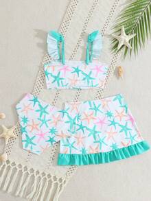 Girls (Small) Printed Swimsuit, Ruffled Trim, 3 PiecesSet - Green - View 2