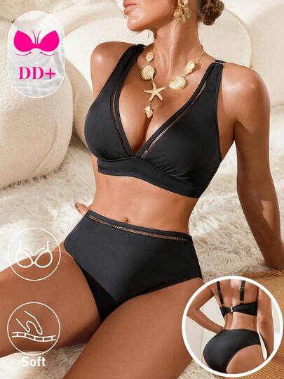 Swim DD+ 2026 Spring/Summer New Black Solid Color Hollow Floral Lace Textured Fabric Underwire Push-Up Bikini Set, Wide Strap, Fashion Slimming Elegant Sexy Casual Style, Suitable For Beach, Party, Music Festival, Night Club Swimsuit For Women Two Piece Bikinis For Women Sets Bikini Set For Women Push Up Swimsuits For Woman Bathing Suit For Women Set Bikini For Women Padded Swimwear For Women