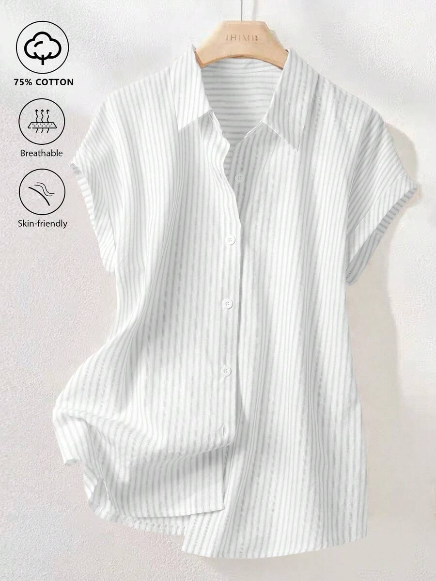 SHEIN Franclia 复古条纹短袖衬衫,夏季通勤时尚之选 - 白色 - 查看 1