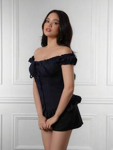 Criza Taa Women's Summer Solid Color Ruffle Hem Tie Waist Short Sleeve Blouse - Navy Blue - View 3