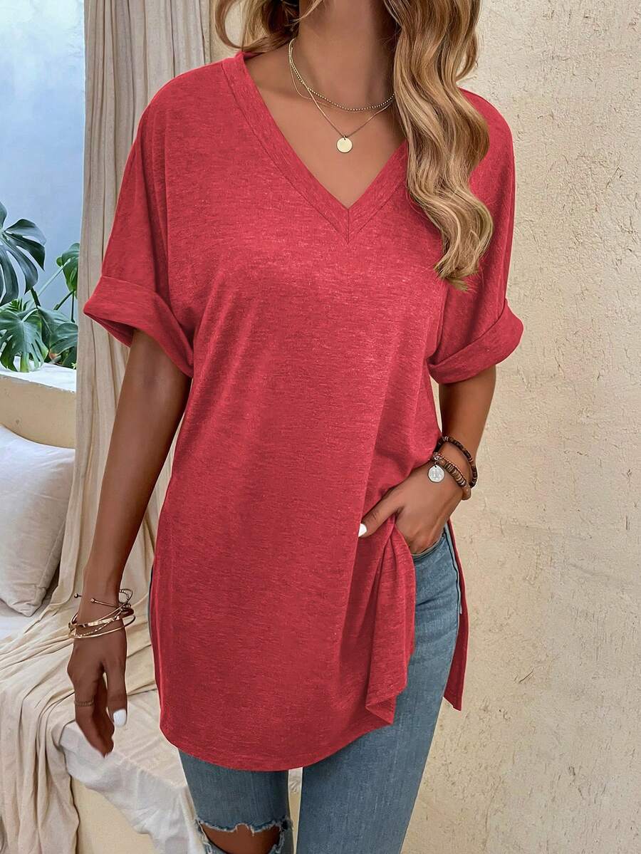 EMERY ROSE Camiseta de verano de unicolor, cuello en V, manga corta, casual, holgada, transpirable y cómoda - Rojo - Ver 1