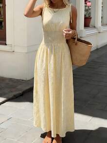 Pariaura 女士格子休闲系带连衣裙，优雅款式 - 鵝黃色 - 查看 1