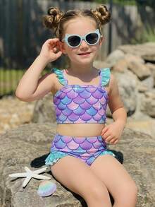 SHEIN Young Girls Halter Cap Sleeve Ruffle Hem Summer Bikini Swimsuit - Purple - View 3