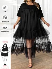 SHEIN CURVE+ Plus Size Women's Solid Color Chiffon Layered T-Shirt Maxi Dress, Holiday, Bohemian, Hippie, Summer - Black - View 12