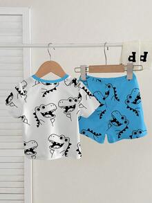 SHEIN Baby Boy Casual Minimalist T-Shirt Set Suitable For Summer, Classic Cute & Stylish Dinosaur Print - Multicolor - View 3