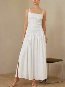 BELROSIE French Minimalist White Cottage Core Spaghetti Strap Dress, Summer Vacation Holiday Elegant Sleeveless Fitted Waist Ruched Layered Pleated Loose Hem - White - View 6