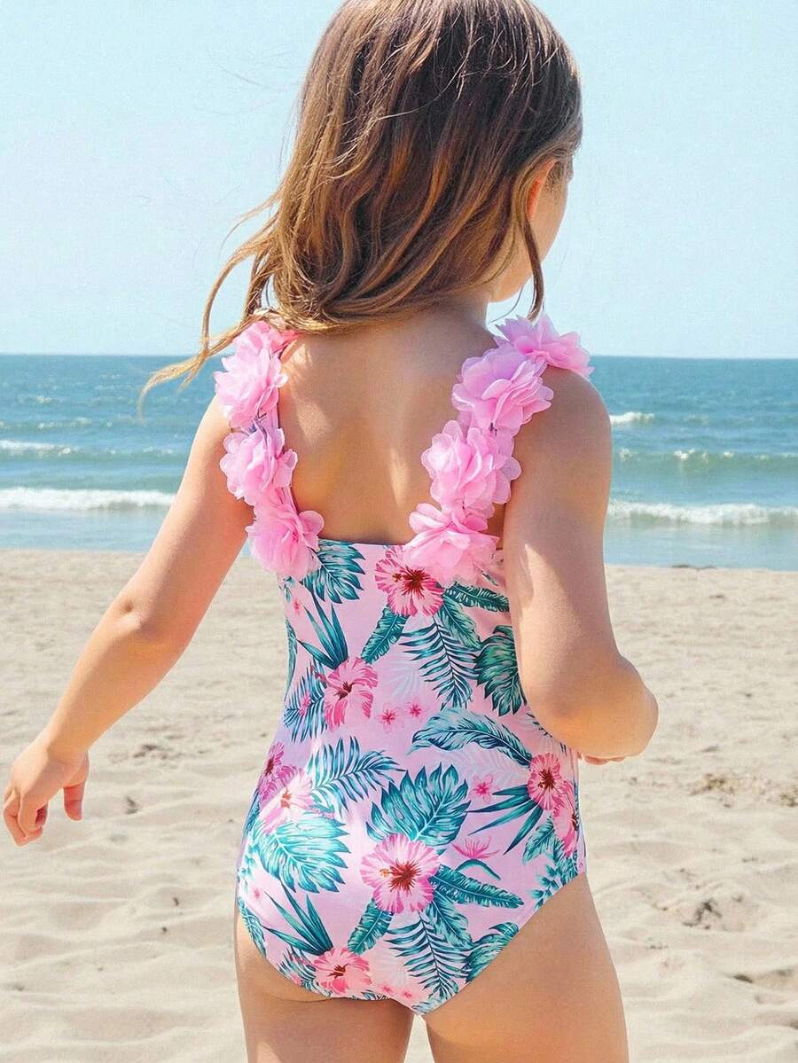 Emery Rose Kids Emery Rose Kids 女童条纹蝴蝶结花卉连体泳衣 - 彩色 - 查看 1