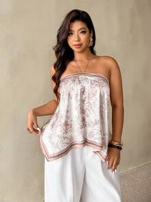 Auralis Top de playa con cuello de halter de gasa con estampado de teñido anudado elegante/Top de tirantes con cuello de halter talla grande para mujer/Bajo irregular/Bajo tipo bufanda/Estampado de diseño/Top de vacaciones estilo bohemio/Fluido - Multicolor - Ver 4