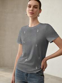 MOTF PREMIUM WOMEN'S SUMMER RHINESTONE-DECORATED SHORT-SLEEVE T-SHIRT - Grey - View 4
