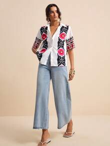 LOTSLUV Áo sơ mi ngắn tay cài một hàng khuy phong cách Bohemian màu đen và đỏ in họa tiết totem dành cho nữ, thích hợp cho kỳ nghỉ xuân/hè. - Đỏ và trắng - Xem 7