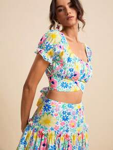 LOTSLUV Set di gonna a 2 pezzi da donna, top corto con spalle scoperte, maniche a sbuffo arricciato ed elastico, con retro annodato, gonna midi a vita alta a-line con balza, outfit da vacanza e festa, set da 2 pezzi per donna, set da 2 pezzi, outfit da vacanza a 2 pezzi, set bohémien estivo a 2 pezzi - Multicolore - Visualizzare 3