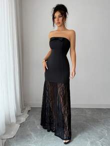 Elenzga Elegant Women's Black Lace Overlay Strapless A-Line Midi Dress,Autumn Urban Chic New Arrival For Dinner,Weddings,Galas,Commute,Parties & Holidays - Black - View 5