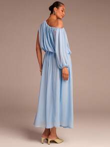 COSMINA Women's Elegant Asymmetrical Neck Ruched Jumpsuit, Versatile Wide-Leg Loose Extra-Long Style For Spring, Summer, Autumn, Winter, Commute, Date, Spring Outing, Garden, Beach Vacation - Blue - View 2
