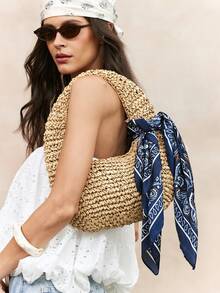 Viva Strut Túi xách nữ họa tiết Paisley, túi đeo vai, túi hobo, túi rơm, túi đan bằng rơm, thời trang, đơn giản, cá tính, đa năng, thích hợp cho bãi biển, kỳ nghỉ, mùa hè, ven biển, tiệc bãi biển, lễ hội âm nhạc. - Màu Khaki - Xem 2