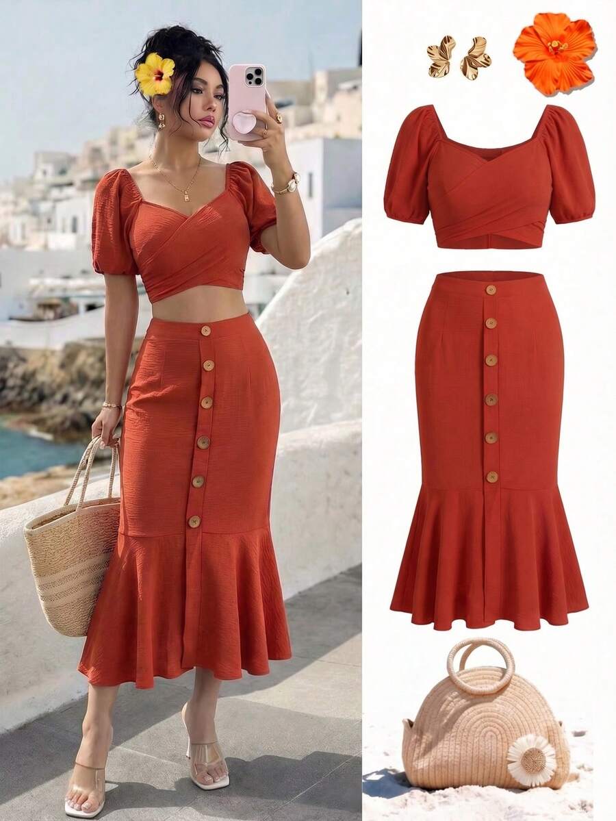 SHEIN Clasi 2pcs/Set Women's Elegant Casual Solid Color Cross Cutout Waist Button Decor Fishtail Hem Skirt & Off-Shoulder Puff Sleeve Top - Redwood - View 1