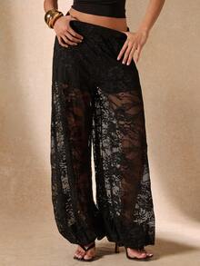 SHEIN BAE Sheer Lace Lantern Pants, Elegant Ankle-Length Trousers For Women, Suitable Outings, Brunch, Summer, Weddings Beach Rave, Vacations,-Black Floral Wide - Black - View 1