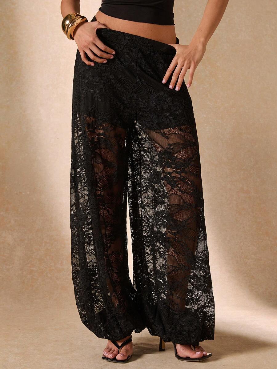 SHEIN BAE Sheer Lace Lantern Pants, Elegant Ankle-Length Trousers For Women, Suitable Outings, Brunch, Summer, Weddings Beach Rave, Vacations,-Black Floral Wide - Black - View 1