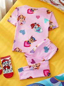 SHEIN | PAW Patrol 女童可爱狗狗印花圆领短袖T恤和裤子睡衣套装，夏季 - 淺粉色 - 查看 3