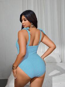 Swim Mod 2025 Spring/Summer Plus Size Women's One-Piece Swimsuit With Striped, Ruffled, Tie-Front Design, Casual Countryside Style For Beach Vacation - Blue - View 2