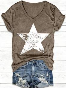 EMERY ROSE Women's Y2K Casual Fashionable Street Star Print V-Neck Short Sleeve T-Shirt, Summer - Khaki - View 4