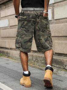 Manfinity EMRG Quần short denim cargo nam kiểu dáng casual, nhiều túi, họa tiết rằn ri, chất liệu móc len, phong cách đường phố. - xanh quân đội - Xem 2