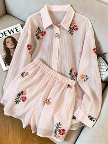 Franclia Women's Floral Embroidered Long Sleeve Shirt And Shorts Casual 2 Pieces Set - Pink - View 4