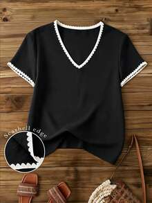 Franclia Women's Contrast Color Seashell Edge Short Sleeve Top And Shorts 2 Pieces Set Vacation Black And White Checkered Summer Casual - Black and White - View 5