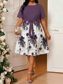 SHEIN Lady Đầm ngắn tay thắt eo in hoa thanh lịch dành cho nữ cỡ lớn, thích hợp cho kỳ nghỉ. - Nhiều màu - Xem 1