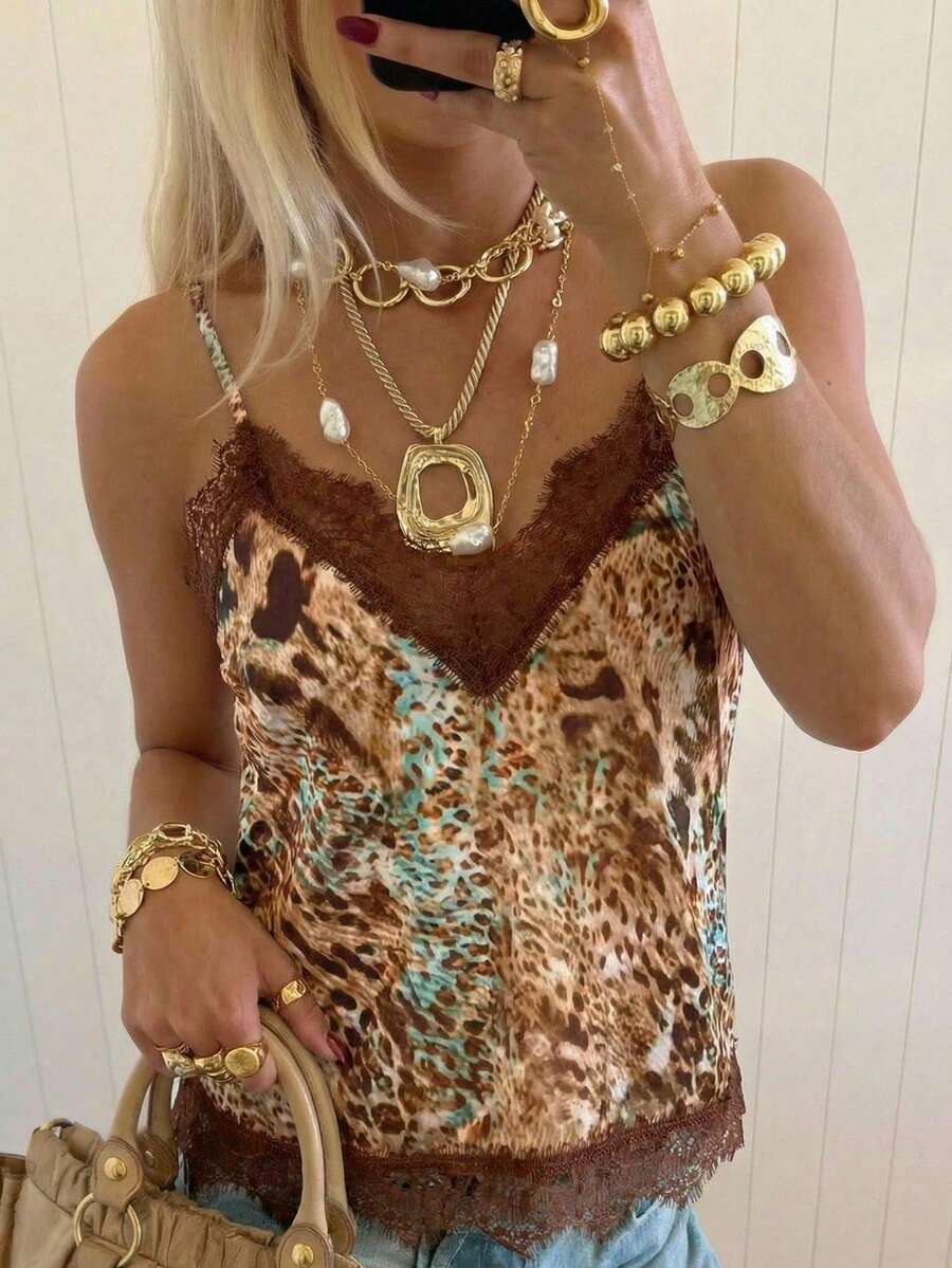 SHEIN EZwear 女士时尚蕾丝拼接吊带背心 - 彩色 - 查看 1